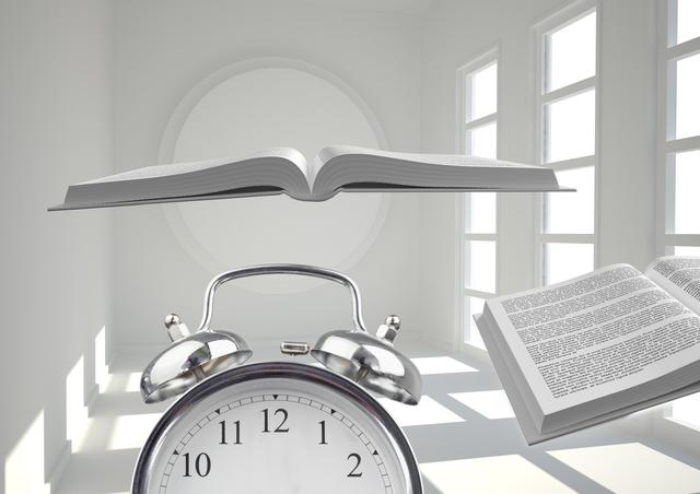 Alarm clock with books flying in air against empty room - Download Free Stock Photos Pikwizard.com