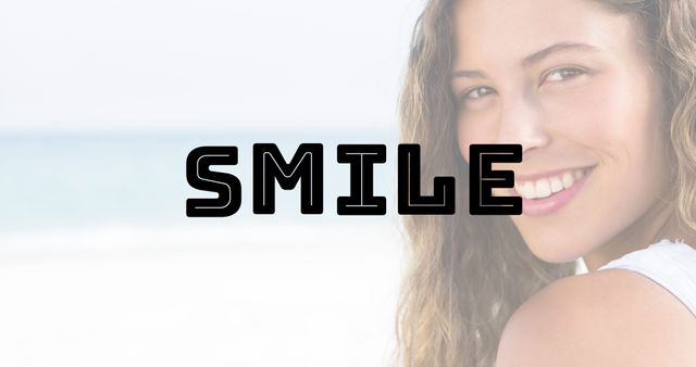 Digital composite image of smile text over happy biracial woman with long hair at beach - Download Free Stock Photos Pikwizard.com