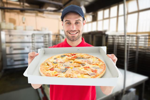 Composite image of smiling man with pizza - Download Free Stock Photos Pikwizard.com
