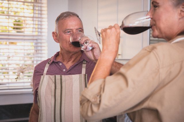 Senior caucasian couple spending time in the kitchen drinking red wine - Download Free Stock Photos Pikwizard.com