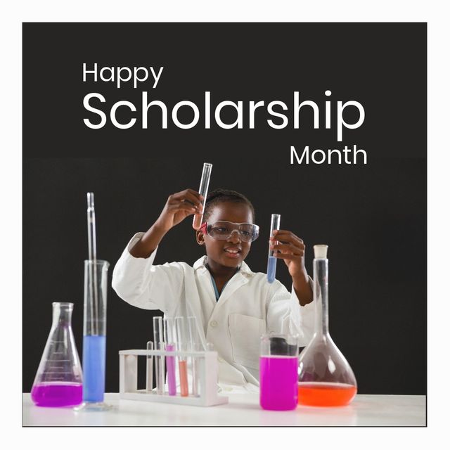 Composite of african american girl doing experiment in laboratory and happy scholarship month text. Black background, copy space, childhood, chemistry, education, opportunity and awareness concept.