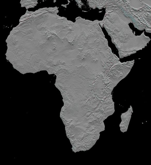 This stereoscopic shaded relief image from NASA Shuttle Radar Topography Mission shows Africa topography. Also shown are Madagascar, the Arabian Peninsula, and other adjacent regions. 3D glasses are necessary to view this image.