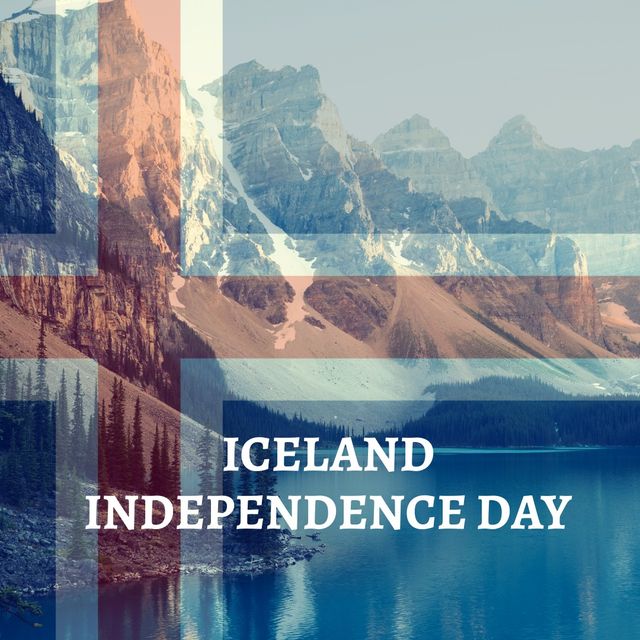 Digital composite image of iceland independence day text over flag and mountains. multiple exposure, patriotism and identity concept.