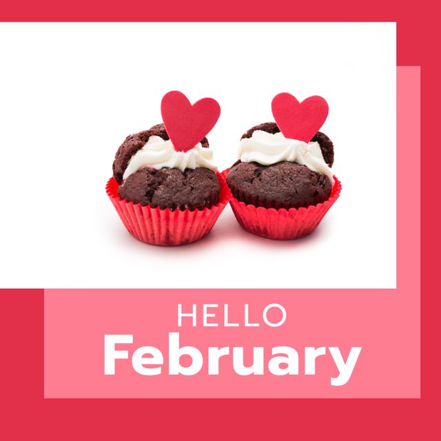 Composition of hello february text and cup cakes with hearts on white background. Valentine's day, love, romance, february concept digitally generated image.