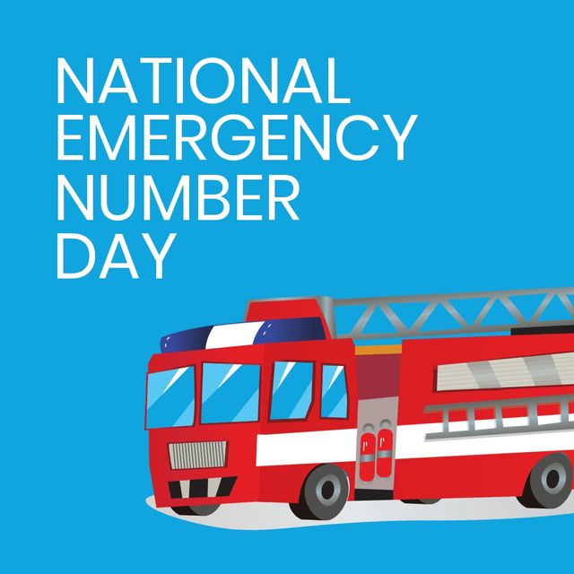 National emergency number day text banner with fire truck icon against blue background. National emergency number day awareness concept
