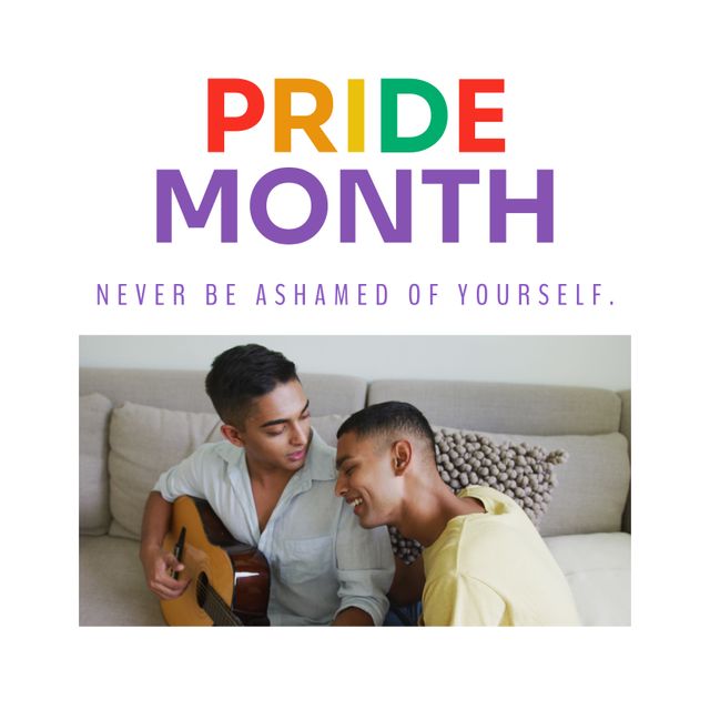 Composition of pride month text and happy diverse male gay couple playing guitar. Pride month, human rights, equality and lgbtq concept digitally generated image.