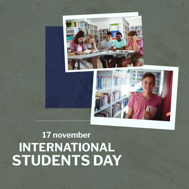 Students studying in library, portrait of boy with book, 17th november, international students day. Text, collage, composite, education, school, czech university, memorial and awareness concept.