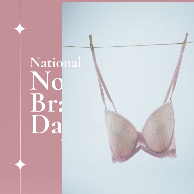 Composition of national no bra day text with pink bra on pink background. National no bra day and celebration concept digitally generated image.