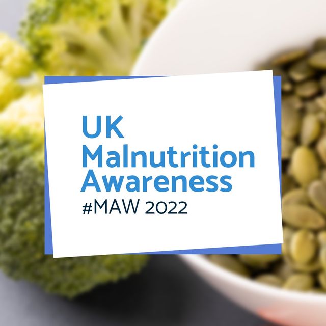 Image of uk malnutrition awareness and blurred broccoli and beans in bowl. Malnutrition awareness, lack of food and health problems concept.
