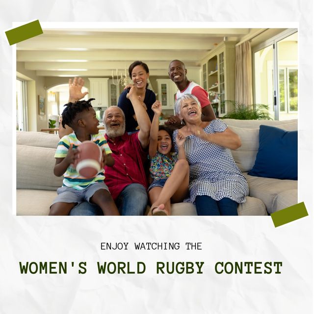 Multiracial family enjoying rugby match while sitting on sofa at home. Digital composite, sport, rugby ball, league, watching, match, fan, text, support, happiness, family, cheering and competition.