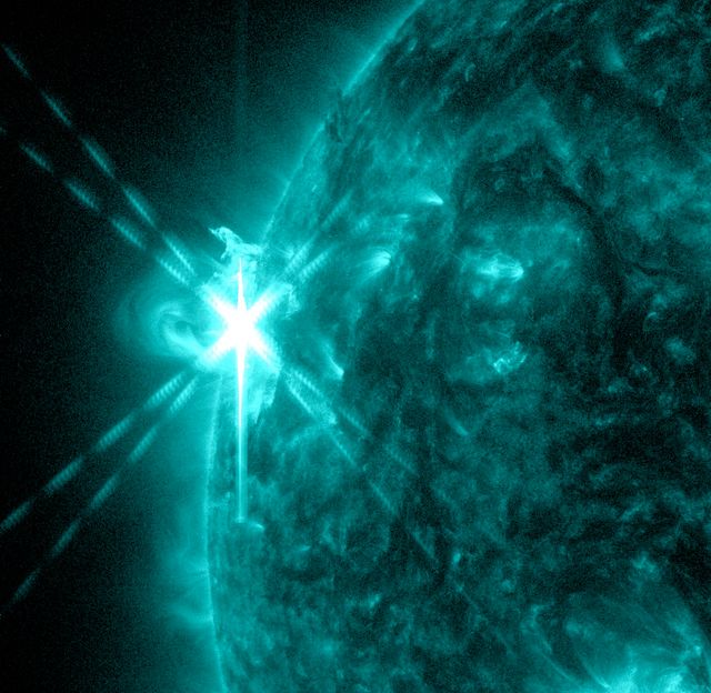 Caption: NASA’s Solar Dynamics Observatory (SDO) captured this image of an M5.7 class flare on May 3, 2013 at 1:30 p.m. EDT. This image shows light in the 131 Angstrom wavelength, a wavelength of light that can show material at the very hot temperatures of a solar flare and that is typically colorized in teal.  Caption: NASA’s Solar Dynamics Observatory (SDO) captured this image of an M5.7 class flare on May 3, 2013 at 1:30 p.m. EDT. This image shows light in the 131 Angstrom wavelength, a wavelength of light that can show material at the very hot temperatures of a solar flare and that is typically colorized in teal.   Credit: NASA/Goddard/SDO  ---  The sun emitted a mid-level solar flare, peaking at 1:32 pm EDT on May 3, 2013. Solar flares are powerful bursts of radiation. Harmful radiation from a flare cannot pass through Earth's atmosphere to physically affect humans on the ground, however -- when intense enough -- they can disturb the atmosphere in the layer where GPS and communications signals travel. This disrupts the radio signals for as long as the flare is ongoing, and the radio blackout for this flare has already subsided.    This flare is classified as an M5.7 class flare. M-class flares are the weakest flares that can still cause some space weather effects near Earth. Increased numbers of flares are quite common at the moment, since the sun's normal 11-year activity cycle is ramping up toward solar maximum, which is expected in late 2013.   Updates will be provided as they are available on the flare and whether there was an associated coronal mass ejection (CME), another solar phenomenon that can send solar particles into space and affect electronic systems in satellites and on Earth.   <b><a href="http://www.nasa.gov/audience/formedia/features/MP_Photo_Guidelines.html" rel="nofollow">NASA image use policy.</a></b>  <b><a href="http://www.nasa.gov/centers/goddard/home/index.html" rel="nofollow">NASA Goddard Space Flight Center</a></b> enables NASA’s mission through four scientific endeavors: Earth Science, Heliophysics, Solar System Exploration, and Astrophysics. Goddard plays a leading role in NASA’s accomplishments by contributing compelling scientific knowledge to advance the Agency’s mission.  <b>Follow us on <a href="http://twitter.com/NASA_GoddardPix" rel="nofollow">Twitter</a></b>  <b>Like us on <a href="http://www.facebook.com/pages/Greenbelt-MD/NASA-Goddard/395013845897?ref=tsd" rel="nofollow">Facebook</a></b>  <b>Find us on <a href="http://instagram.com/nasagoddard?vm=grid" rel="nofollow">Instagram</a></b>