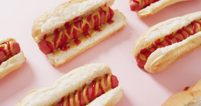 Image of hot dogs with mustard and ketchup on a pink surface. food, cuisine and catering ingredients.