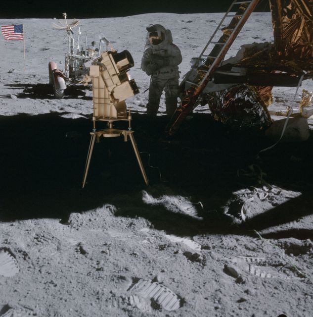 Astronaut John Young in shadow of Lunar Module behind ultraviolet camera - Download Free Stock Photos Pikwizard.com