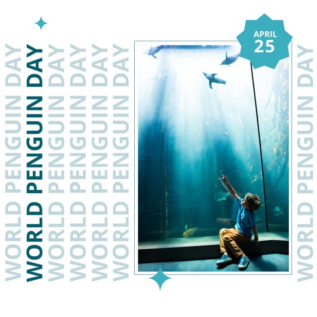 Composition of world penguin day text over boy by aquarium with penguins. World penguin day, wildlife and nature concept digitally generated image.