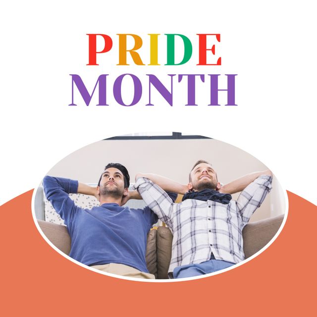 Composition of pride month text and happy diverse male gay couple on sofa. Pride month, human rights, equality and lgbtq concept digitally generated image.