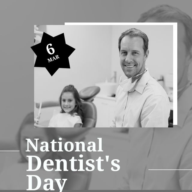 Composition of national dentist's day text and male dentist with girl patient in surgery. National dentist's day, dentistry and tooth health concept.