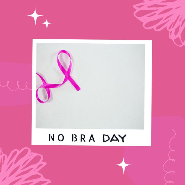 Image of no bra day over pink background and photo with pink ribbon. No bra day and celebration concept.