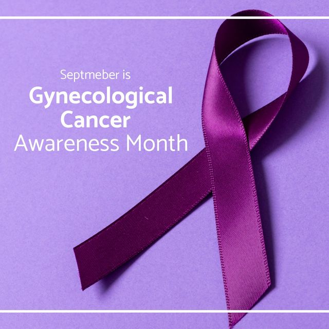 Composite of september is gynecological cancer awareness month text with purple ribbon, copy space. Purple background, cervical cancer, awareness, support, healthcare and prevention concept.