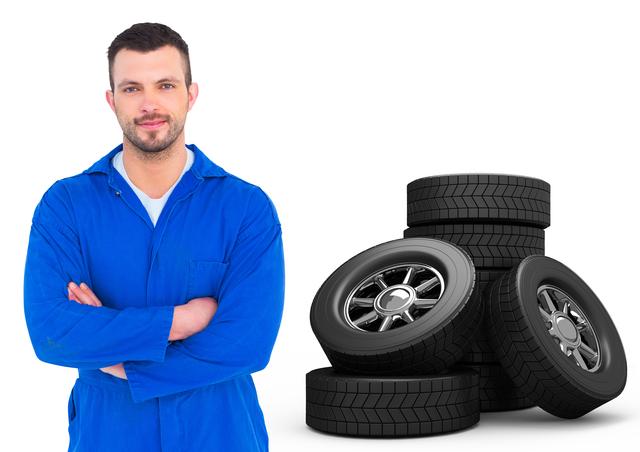 Car mechanic standing with arms crossed and tyres on white background - Download Free Stock Photos Pikwizard.com