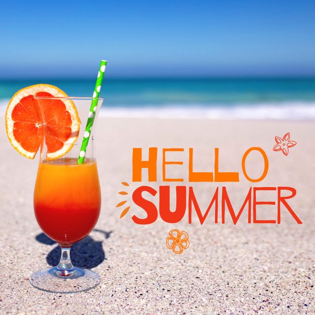 Hello summer text in red and orange over sunny holiday beach and orange cocktail. Summer and vacations and celebration.