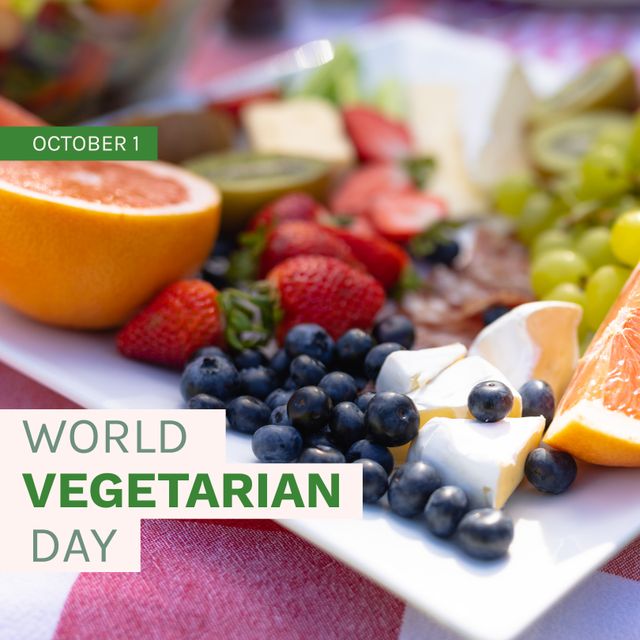 Composition of world vegetarian day text over fruits and cheese on plate. World vegetarian day and celebration concept digitally generated image.