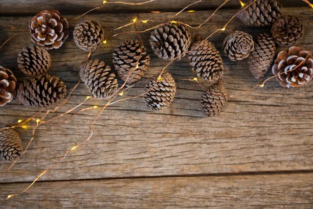Pine cone with christmas lights on wooden plank during christmas time