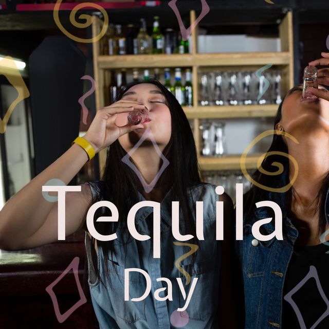 Composite of multiracial young female friends drinking tequila shots in bar and tequila day text. friendship, togetherness, tequila, alcohol, drink and celebration concept.