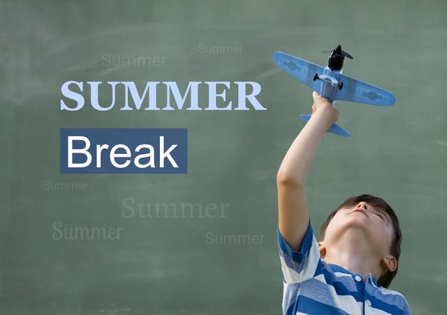 Boy playing with toy plane against background summer break in text - Download Free Stock Photos Pikwizard.com