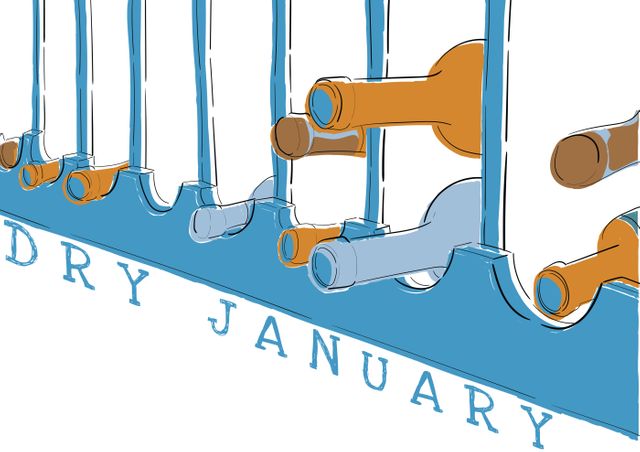 Vector image of dry january text with alcohol bottles on rack against white background, copy space. public health campaign, vector and alcohol abuse.
