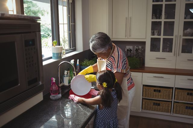 Grandmother and granddaughter washing utensil in kitchen sink - Download Free Stock Photos Pikwizard.com
