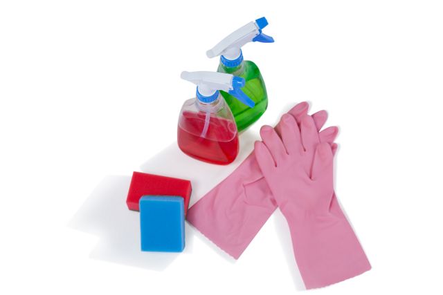 Detergent spray bottles, sponge pad and rubber glove on white background - Download Free Stock Photos Pikwizard.com