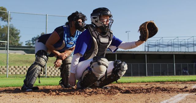 Diverse group of female baseball players in action, pitched ball caught by catcher and returned - Download Free Stock Photos Pikwizard.com