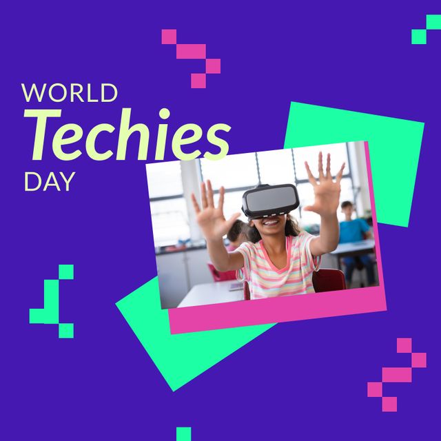 Composition of world techies day text over biracial girl using vr headset. World techies day and celebration concept digitally generated image.
