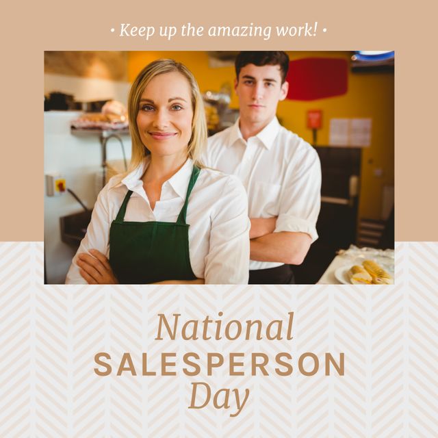 Image of national salesperson day over smiling caucasian female and male sellers. Business, trade, commerce and celebration concept.
