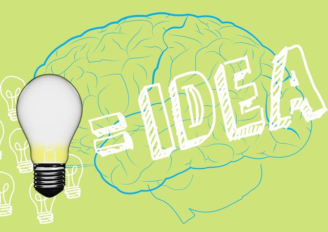 Digital composition of human brain with light bulb and text idea