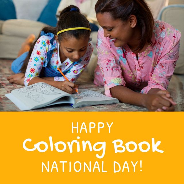 Happy biracial mother lying with girl drawing in book at home and happy coloring book day - Download Free Stock Templates Pikwizard.com