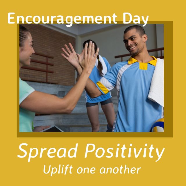 Caucasian friends giving high five and encouragement day spread positive and uplift one another text. Composite, copy space, player, sport, inspire, togetherness, positive emotion and motivation.