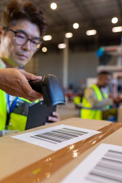 Close-up of hand of asian mature male warehouse worker scanning barcode with reader on cardboard box. unaltered, warehouse, logistics and shipping occupation.