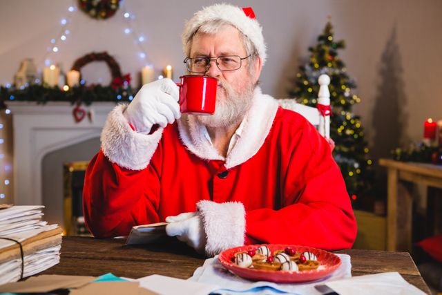 Santa Claus having coffee while holding a letter at home