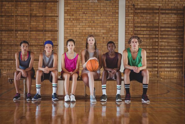 High school kids sitting on a bench in basketball court - Download Free Stock Photos Pikwizard.com