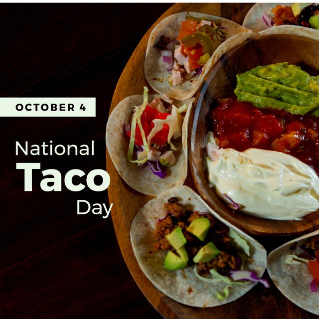 Composition of october 4 national taco day text with tacos on black background. National taco day and celebration concept digitally generated image.