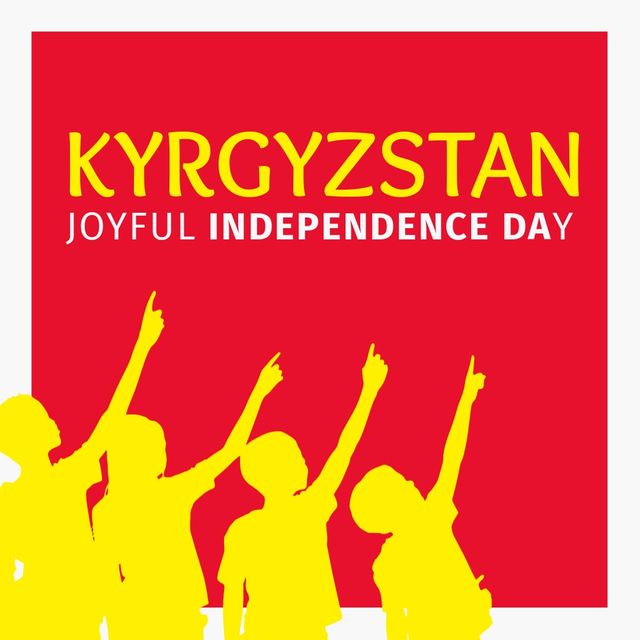 Illustration of children with hand raised pointing and kyrgyzstan joyful independence day text. Red background, copy space, childhood, togetherness, patriotism, celebration, freedom and identity.
