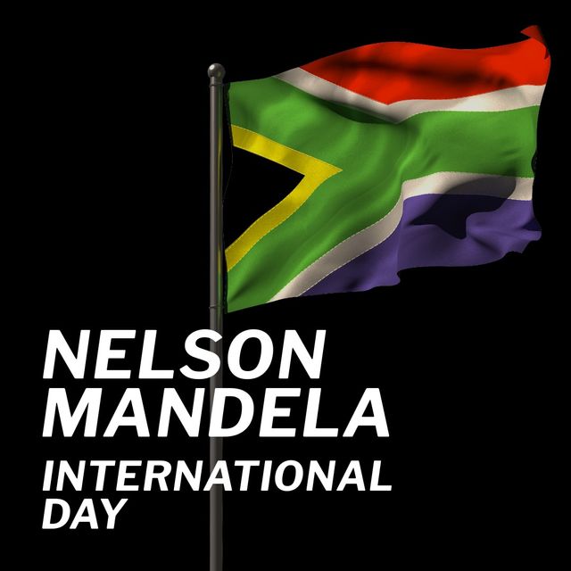 Illustration of south african flag with nelson mandela international day text on black background. copy space, vector, celebration, mandela day, honor, humanity, community service, peace and freedom.
