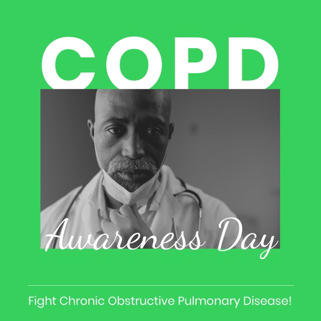 Composite of copd awareness day text and portrait of african american doctor in mask at hospital. Copy space, chronic obstructive pulmonary disease, healthcare, disease, campaign and awareness.