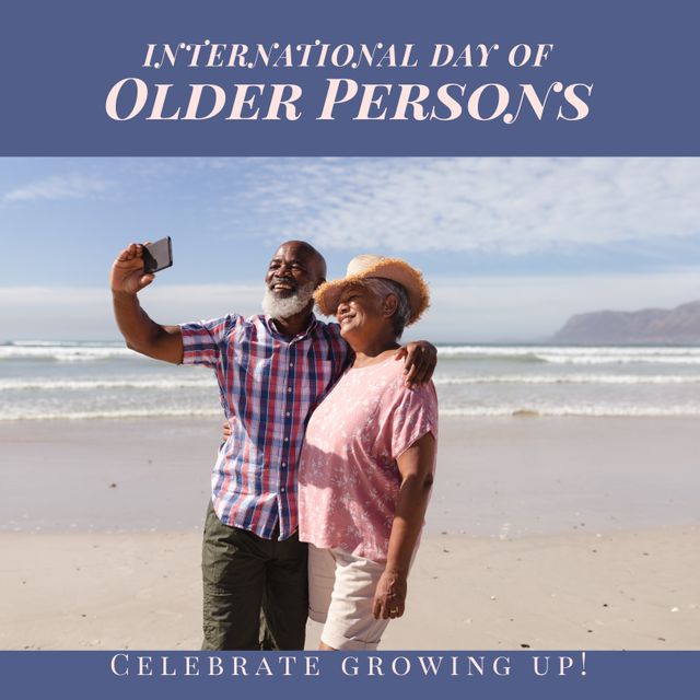 Image of international day of older persons over senior diverse couple taking selfie on beach. Seniors, lifestyle a celebration concept.