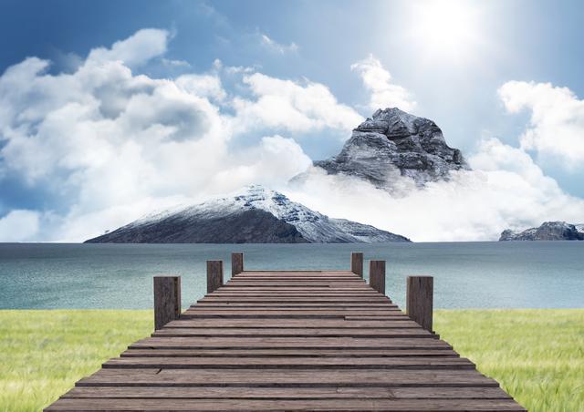 Composite image of wooden pier and mountains - Download Free Stock Photos Pikwizard.com