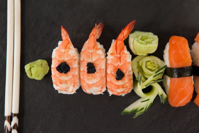 Nigiri sushi served with chopsticks in black stone slate - Download Free Stock Photos Pikwizard.com