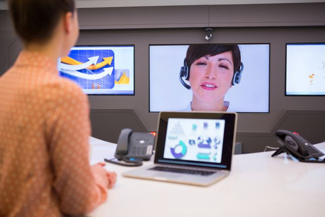 Female executive having video call in boardroom - Download Free Stock Photos Pikwizard.com