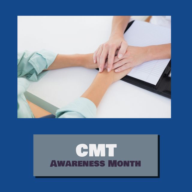 Composition of cmt awareness month text with diverse people holding hands on blue background. Cmt awareness month and celebration concept digitally generated image.