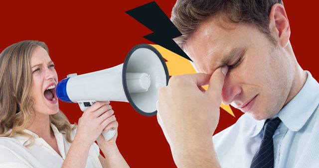 Digital composite image of caucasian woman shouting on megaphone while man suffering from headache. Noise, raise awareness, support, migraine awareness week, headache, stress.